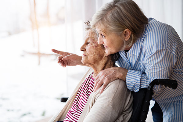 elder woman in wheelchair with elder daughter caregiver staring out window