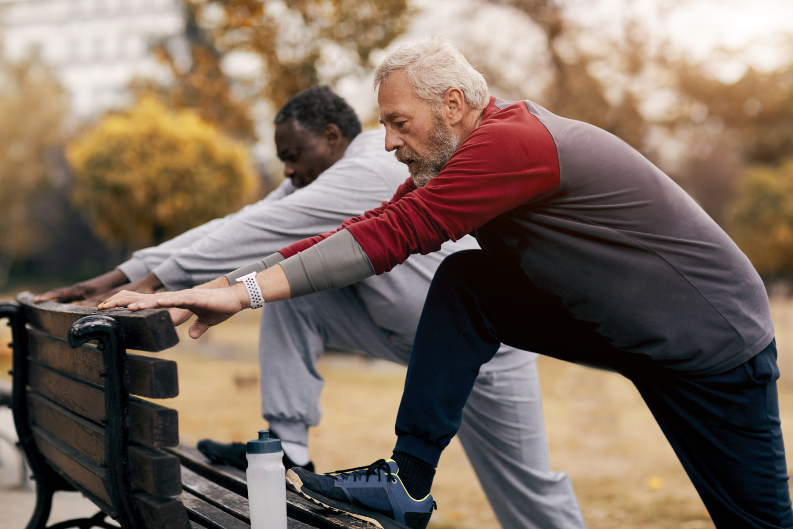 seniors stretching on park bench